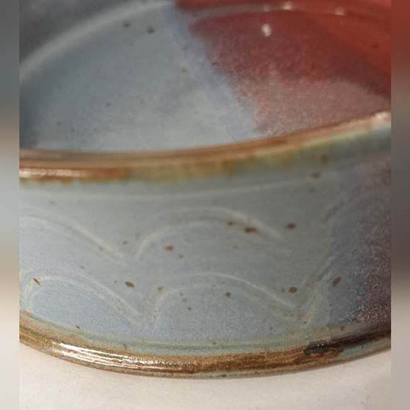 Vintage Stoneware Pottery Casserole Bowl Signed Brown Blue and Red.o - Picture 6 of 7